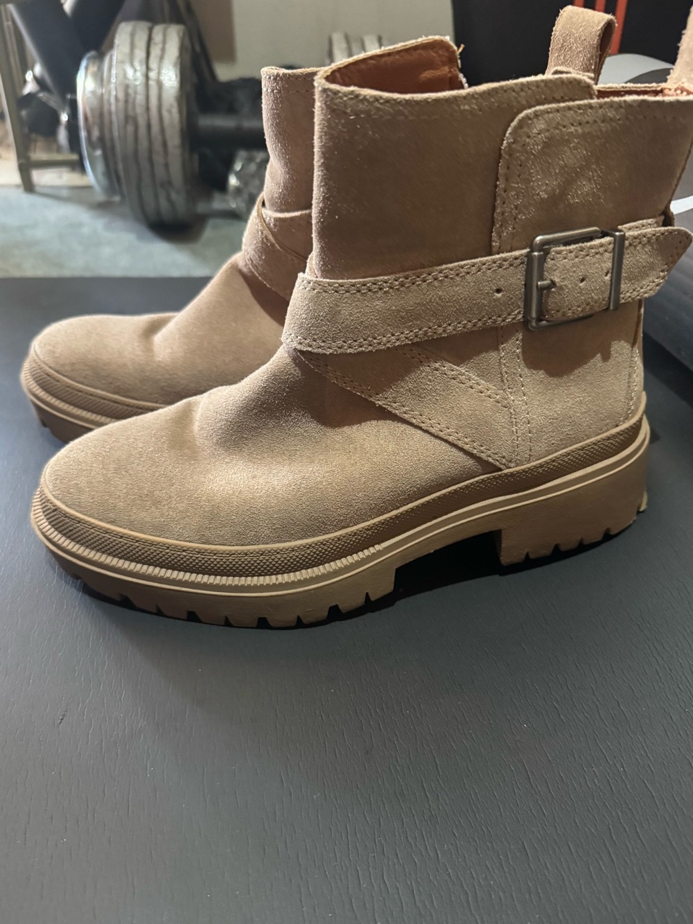 Lucky brand Suede Buckle Ankle Boots in Taupe